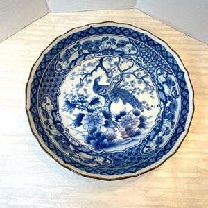 Vintage Japanese Blue & White Peacock Porcelain Serving Bowl